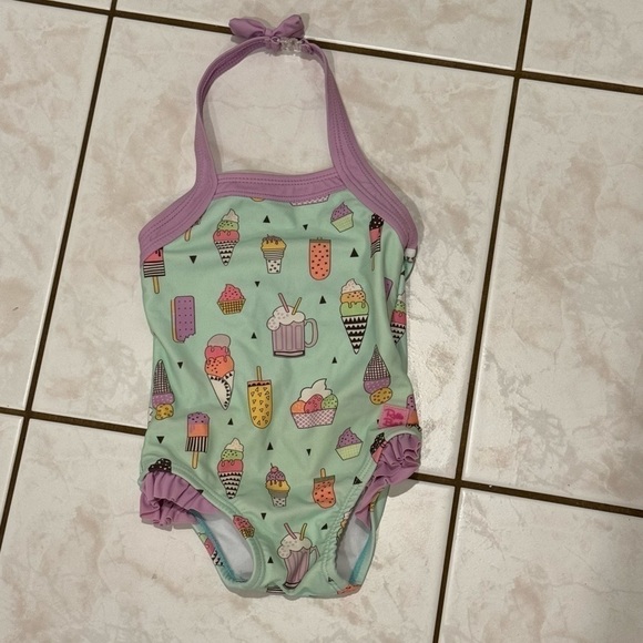 RUFFLE BUTTS Ice Cream Popsicle Float Mint Green Purple Swimsuit Size 6-12M - Picture 3 of 5